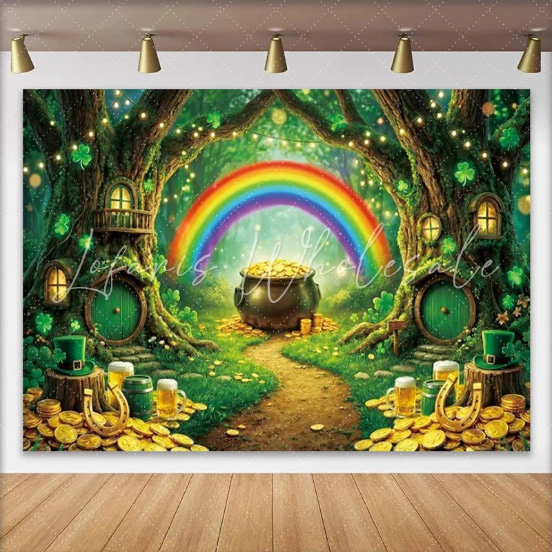 Lofaris Enchanted Forest St Patricks Day Backdrop Rainbow Pot of Gold Tree House Spring Photography Background
