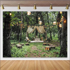 Lofaris Enchanted Forest Wedding Backdrop with Draped Canopy and String Lights Rustic Outdoor Background for Romantic Event Photography