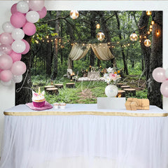 Lofaris Enchanted Forest Wedding Backdrop with Draped Canopy and String Lights Rustic Outdoor Background for Romantic Event Photography