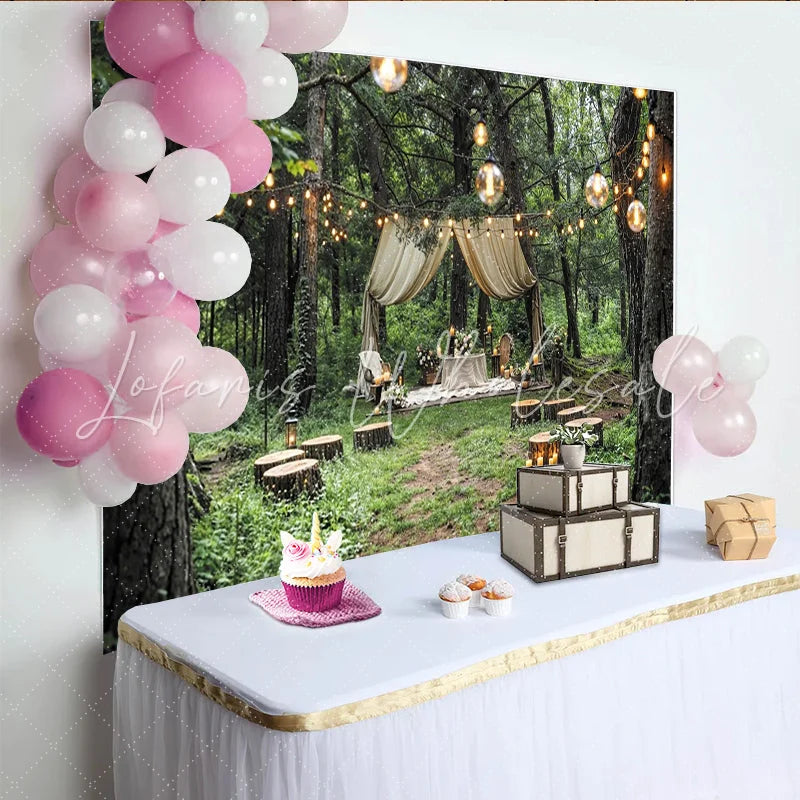 Lofaris Enchanted Forest Wedding Backdrop with Draped Canopy and String Lights Rustic Outdoor Background for Romantic Event Photography
