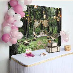 Lofaris Enchanted Forest Wedding Backdrop with Draped Canopy and String Lights Rustic Outdoor Background for Romantic Event Photography