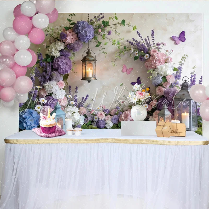 Lofaris Enchanted Garden Floral Photography Backdrop with Hydrangeas Romantic Lanterns and Butterflies Background for Photoshoot