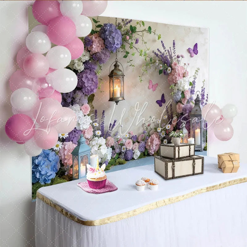 Lofaris Enchanted Garden Floral Photography Backdrop with Hydrangeas Romantic Lanterns and Butterflies Background for Photoshoot