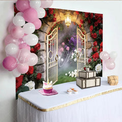 Lofaris Enchanted Garden Photography Backdrop with Red Roses and Stone Arch Elegant Photo Booth Prop for Romantic Wedding and Portrait