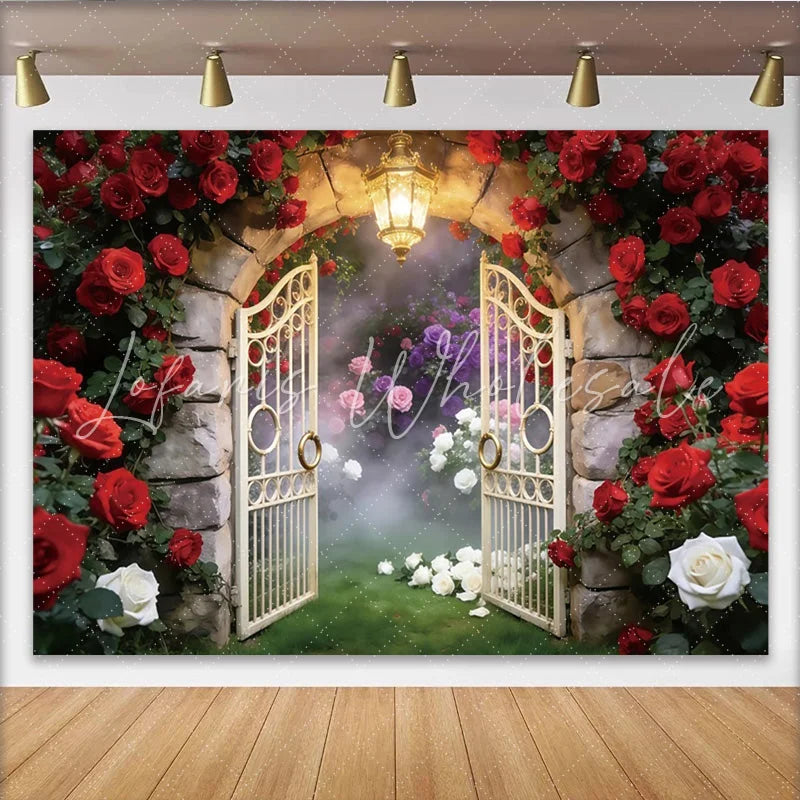 Lofaris Enchanted Garden Photography Backdrop with Red Roses and Stone Arch Elegant Photo Booth Prop for Romantic Wedding and Portrait
