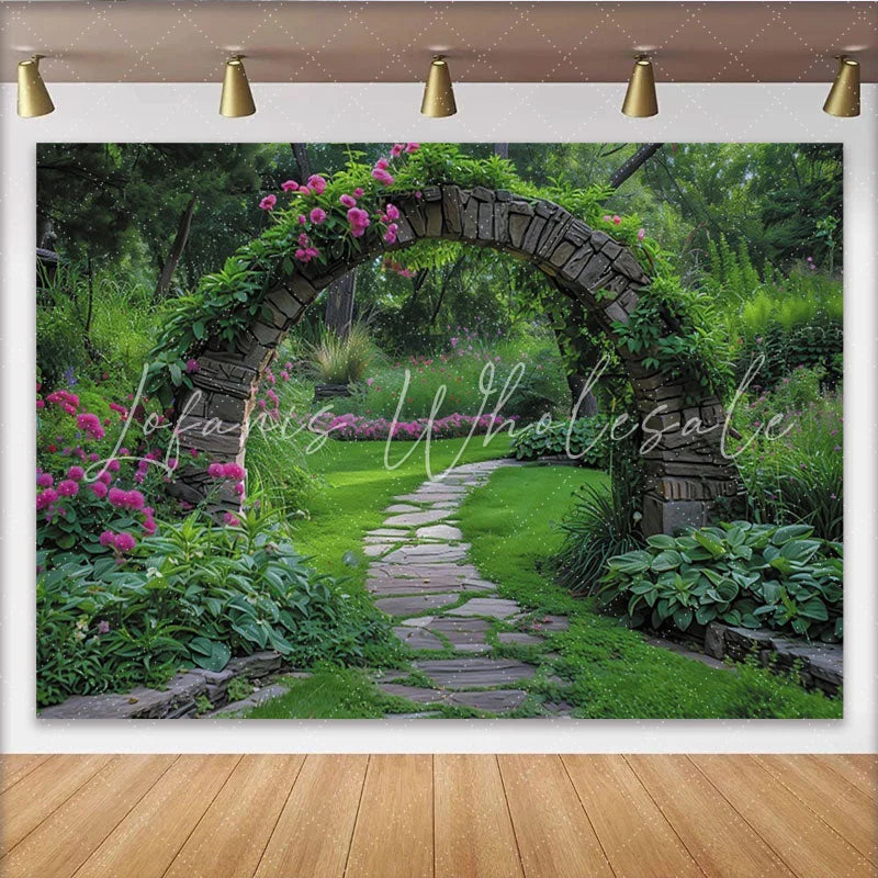 Lofaris Enchanted Garden Stone Archway with Pink Flowers and Winding Path Photography Backdrop Lush Greenery Scene