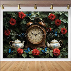 Lofaris Enchanted Garden Wedding Backdrop with Vintage Clock Red Roses and Blue Butterflies for Romantic Events