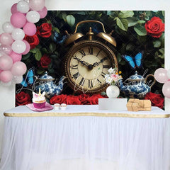 Lofaris Enchanted Garden Wedding Backdrop with Vintage Clock Red Roses and Blue Butterflies Teapots