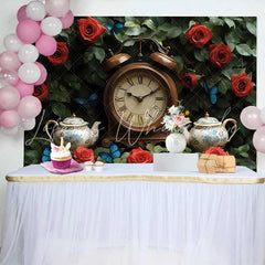 Lofaris Enchanted Garden Wedding Backdrop with Vintage Clock Red Roses and Blue Butterflies for Romantic Events