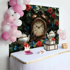Lofaris Enchanted Garden Wedding Backdrop with Vintage Clock Red Roses and Blue Butterflies for Romantic Events