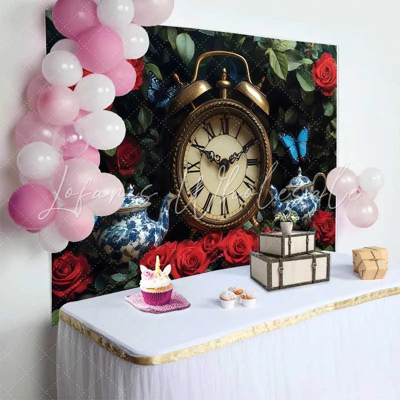 Lofaris Enchanted Garden Wedding Backdrop with Vintage Clock Red Roses and Blue Butterflies Teapots