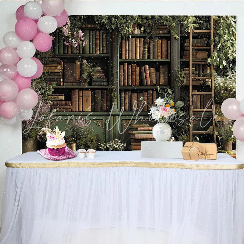 Lofaris Enchanted Library Backdrop with Green Bookshelves and Lush Greenery Vintage Floral Background for Studio Photoshoot and Portrait