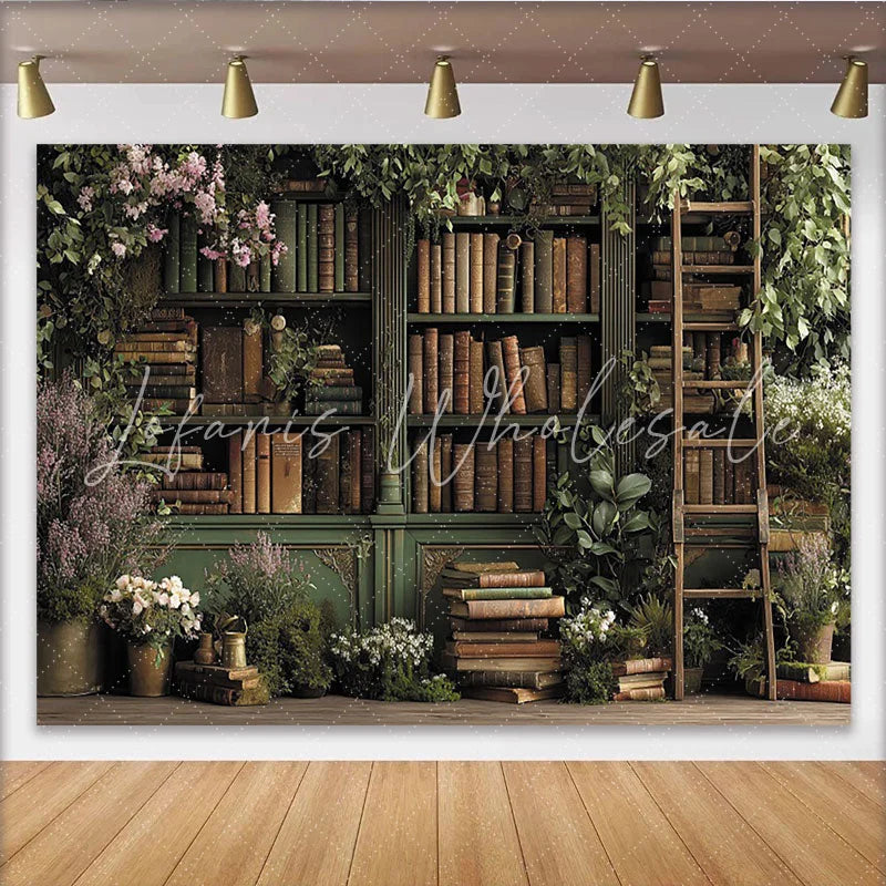 Lofaris Enchanted Library Backdrop with Green Bookshelves and Lush Greenery Vintage Floral Background for Studio Photoshoot and Portrait