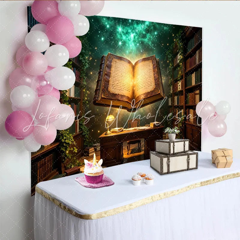Lofaris Enchanted Magical Library Photography Backdrop with Glowing Book and Ivy Vintage Bookshelf Studio Background for Fantasy Portraits