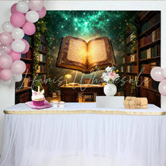 Lofaris Enchanted Magical Library Photography Backdrop with Glowing Book and Ivy Vintage Bookshelf Studio Background for Fantasy Portraits