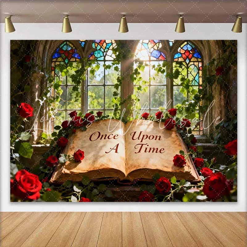Lofaris Enchanted Once Upon A Time Fairy Tale Wedding Backdrop with Red Roses Stained Glass Window for Romantic Events