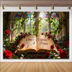 Lofaris Enchanted Once Upon A Time Fairy Tale Wedding Backdrop with Red Roses Stained Glass Window for Romantic Events