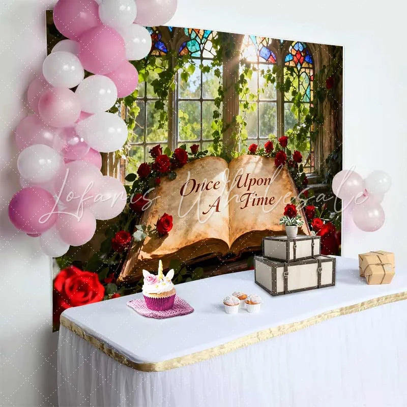 Lofaris Enchanted Once Upon A Time Fairy Tale Wedding Backdrop with Red Roses Stained Glass Window for Romantic Events