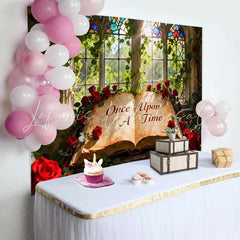 Lofaris Enchanted Once Upon A Time Fairy Tale Wedding Backdrop with Red Roses Stained Glass Window for Romantic Events