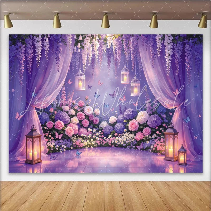 Lofaris Enchanted Purple Floral Garden Photography Backdrop with Wisteria Butterflies and Sheer Curtains Romantic Party Decor for Photoshoot