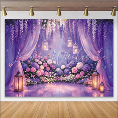 Lofaris Enchanted Purple Floral Garden Photography Backdrop with Wisteria Butterflies and Sheer Curtains Romantic Party Decor for Photoshoot