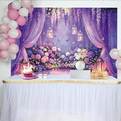 Lofaris Enchanted Purple Floral Garden Photography Backdrop with Wisteria Butterflies and Sheer Curtains Romantic Party Decor for Photoshoot