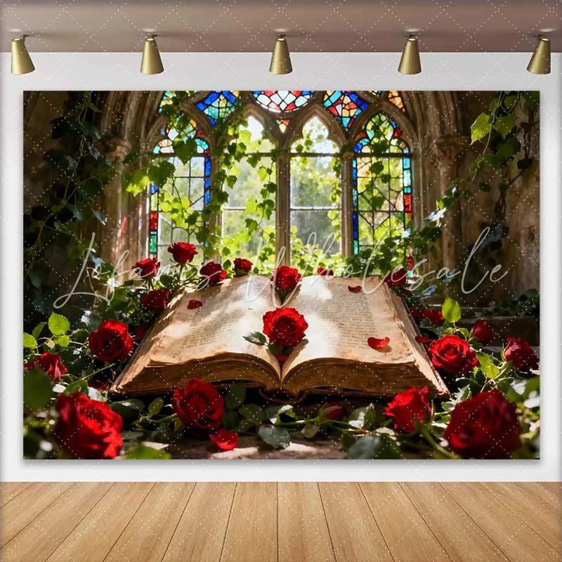 Lofaris Enchanted Stained Glass Window with Red Roses and Old Book Wedding Backdrop Romantic Fairytale Decor