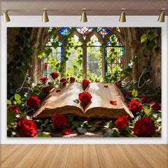 Lofaris Enchanted Stained Glass Window with Red Roses and Old Book Wedding Backdrop Romantic Fairytale Decor