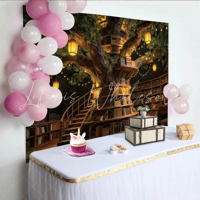 Lofaris Enchanted Tree Library Photography Backdrop with Warm Lights Magical Studio Background for Fantasy Portraits and Events
