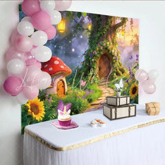 Lofaris Enchanting Fairy Garden Photography Backdrop with Mushroom House and Tree Whimsical Forest Background for Kids Photoshoot