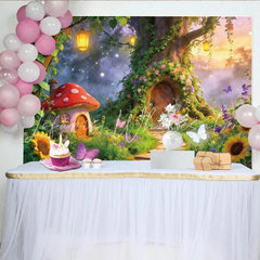 Lofaris Enchanting Fairy Garden Photography Backdrop with Mushroom House and Tree Whimsical Forest Background for Kids Photoshoot