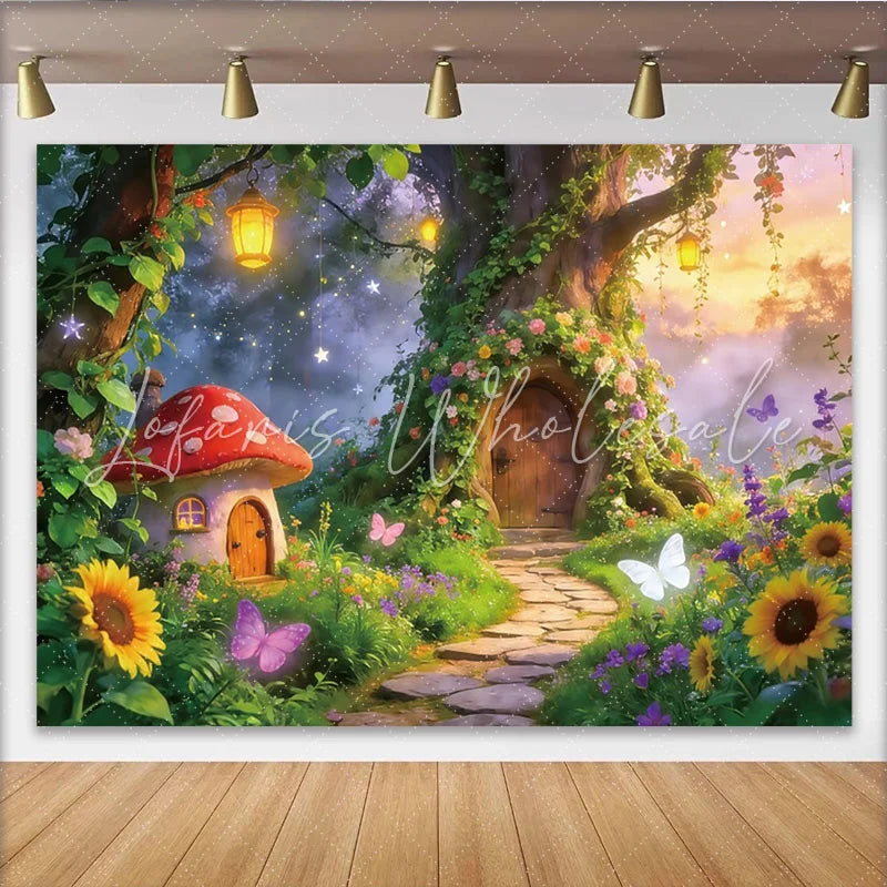 Lofaris Enchanting Fairy Garden Photography Backdrop with Mushroom House and Tree Whimsical Forest Background for Kids Photoshoot