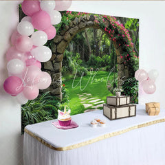 Lofaris Enchanting Lush Green Garden Stone Archway with Pink Roses Photography Backdrop Serene Nature Path Scene for Photo