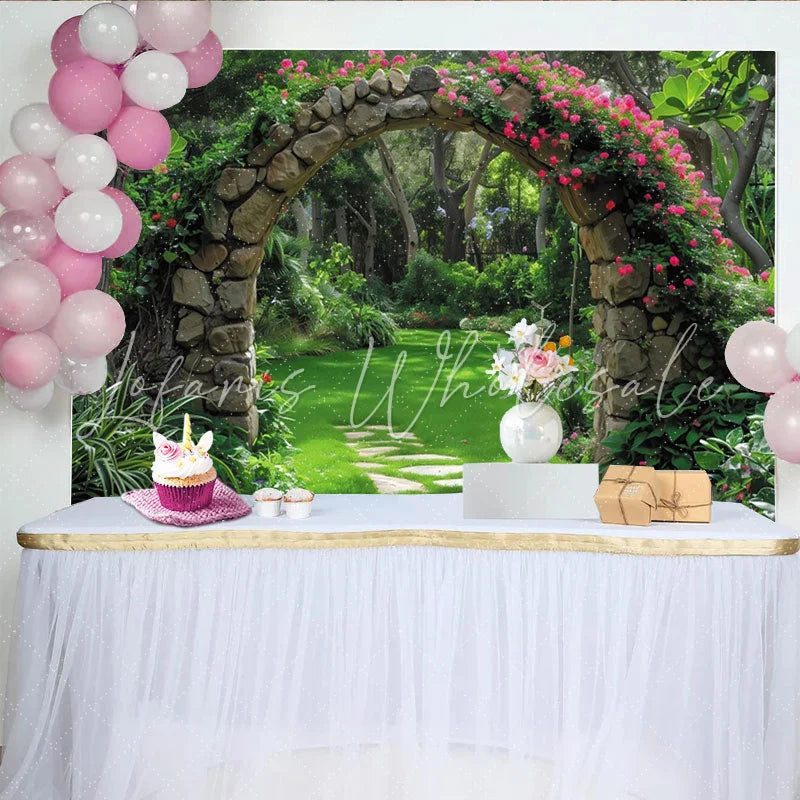 Lofaris Enchanting Lush Green Garden Stone Archway with Pink Roses Photography Backdrop Serene Nature Path Scene for Photo