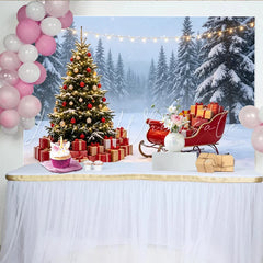 Lofaris Enchanting Snowy Christmas Tree Backdrop with Red Sleigh and Gifts Beautiful Winter Scene Background for Holiday Party Decor