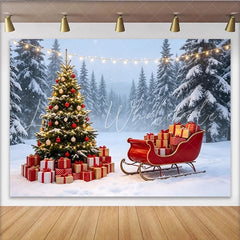 Lofaris Enchanting Snowy Christmas Tree Backdrop with Red Sleigh and Gifts Beautiful Winter Scene Background for Holiday Party Decor