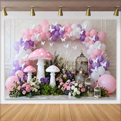Lofaris Fairy Pink Mushroom and Birdcage Spring Backdrop Floral Balloon Arch Girls Birthday Party Background