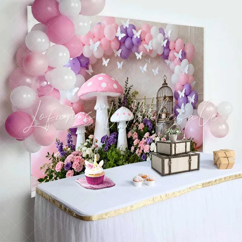 Lofaris Fairy Pink Mushroom and Birdcage Spring Backdrop Floral Balloon Arch Girls Birthday Party Background