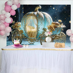Lofaris Fairytale Blue and Gold Pumpkin Carriage Photography Backdrop Elegant Royal Background for Studio Photoshoot
