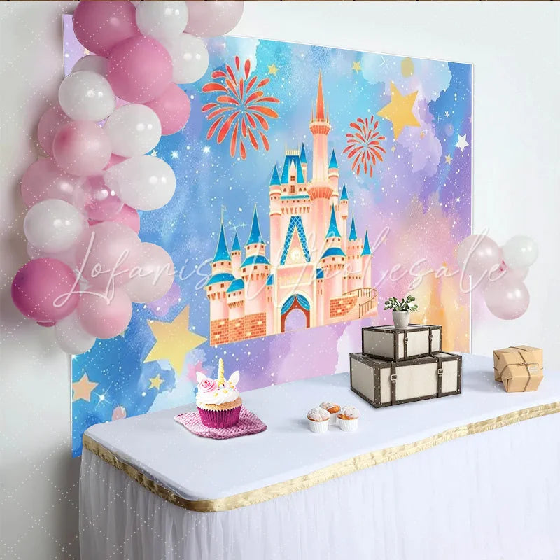 Lofaris Fairytale Magic Castle Backdrop Pink and Blue Watercolor Clouds Starbursts Photography Background