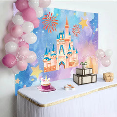 Lofaris Fairytale Magic Castle Backdrop Pink and Blue Watercolor Clouds Starbursts Photography Background
