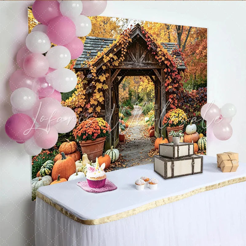 Lofaris Fall Harvest Archway Backdrop with Pumpkins and Leaves Rustic Wooden Gate Photography Background for Thanksgiving Party