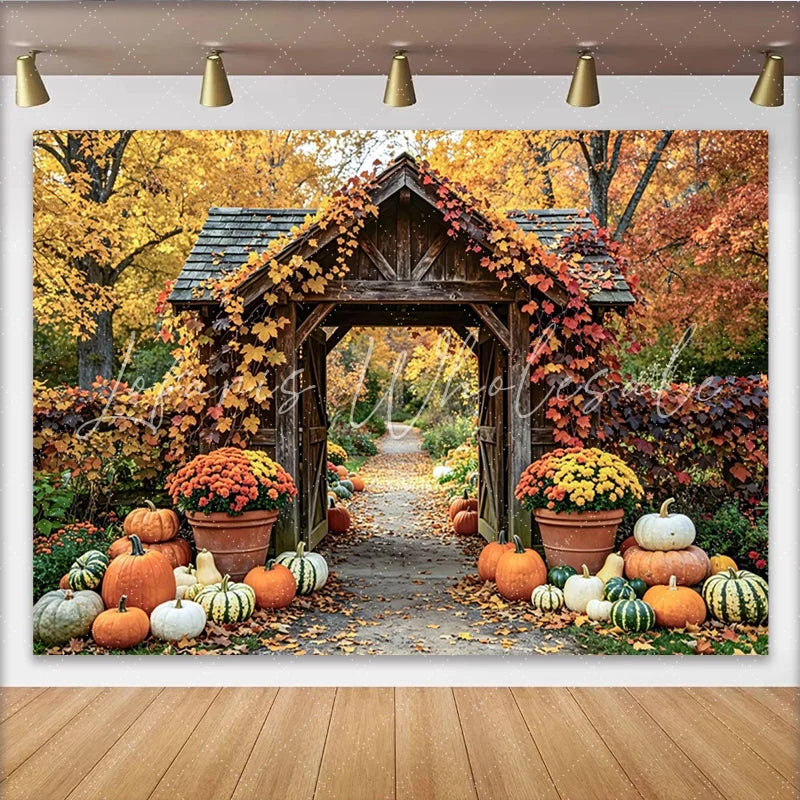 Lofaris Fall Harvest Archway Backdrop with Pumpkins and Leaves Rustic Wooden Gate Photography Background for Thanksgiving Party