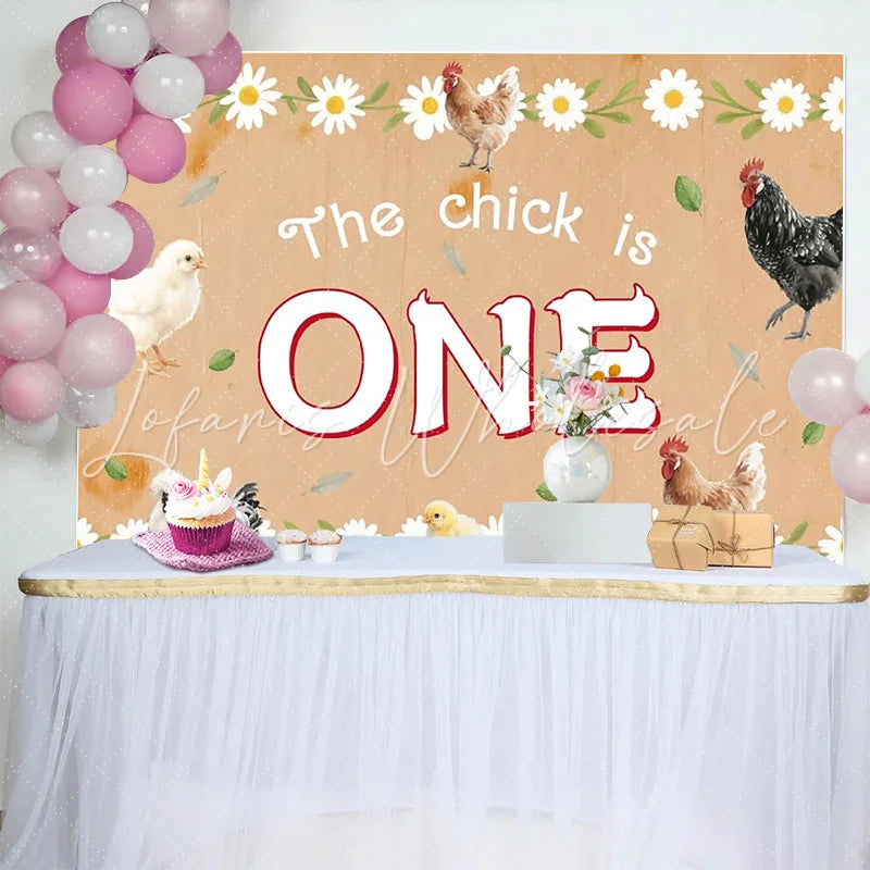Lofaris Farm Animal 1st Birthday Backdrop with Chickens and Daisies Rustic Wood Photography Background for Baby Photoshoot