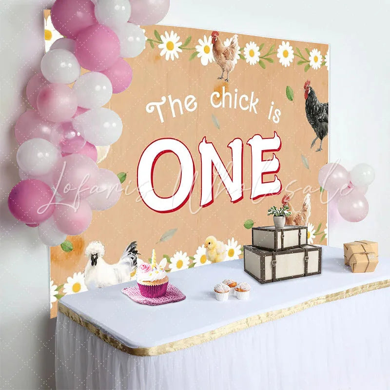 Lofaris Farm Animal 1st Birthday Backdrop with Chickens and Daisies Rustic Wood Photography Background for Baby Photoshoot