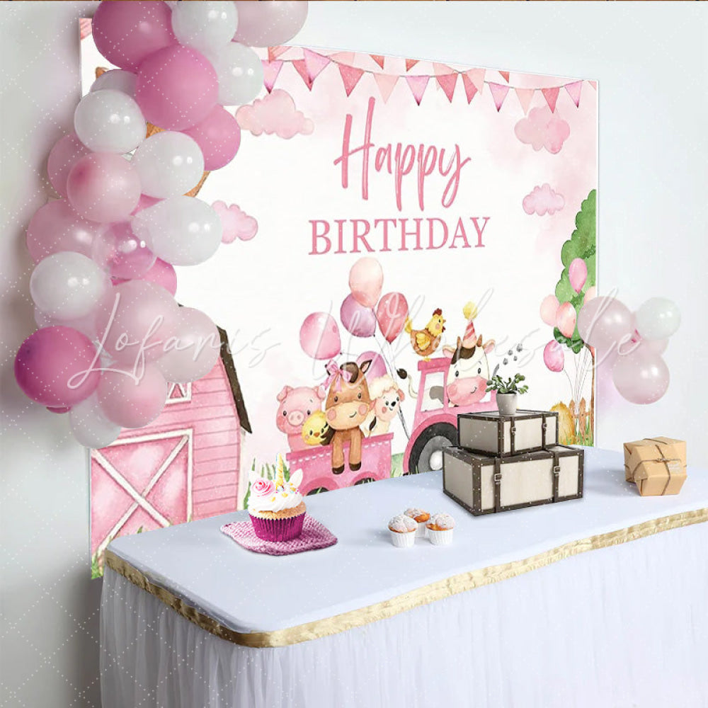 Lofaris Farm Animals Pink Barn Girls Party Decoration Birthday Backdrop
