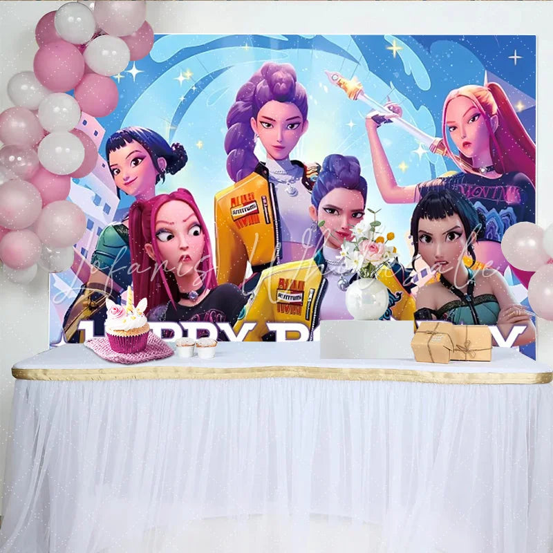 Lofaris Fashion Girl Group Birthday Backdrop Pink Purple Anime Singers Photography Background Music Theme Party Decoration Prop