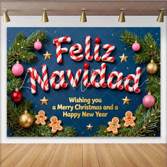 Lofaris Feliz Navidad Candy Cane Letters Party Backdrop with Gingerbread Men Festive Christmas New Year Decor