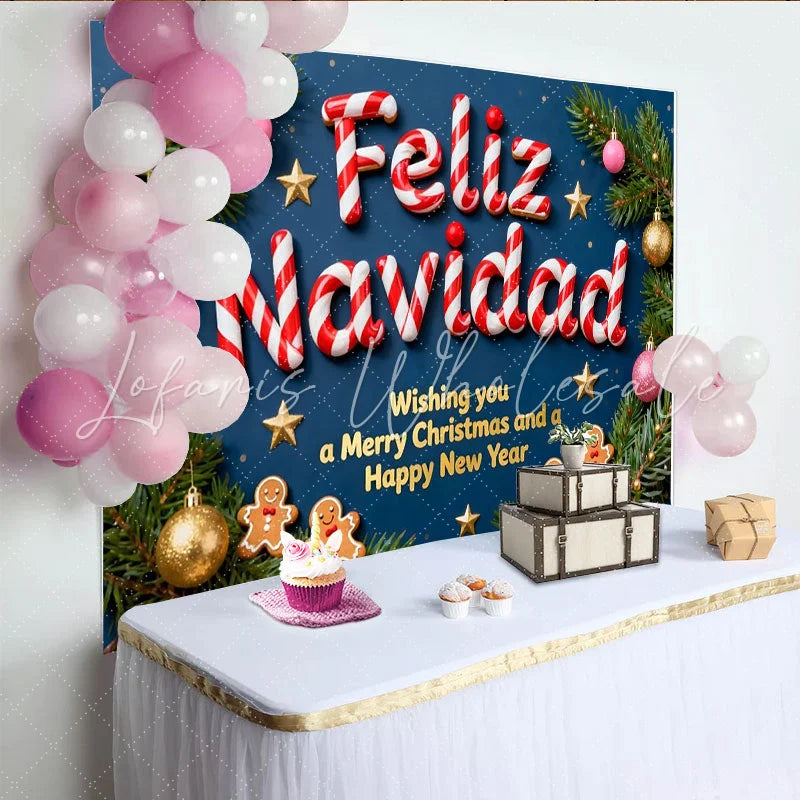 Lofaris Feliz Navidad Candy Cane Letters Party Backdrop with Gingerbread Men Festive Christmas New Year Decor