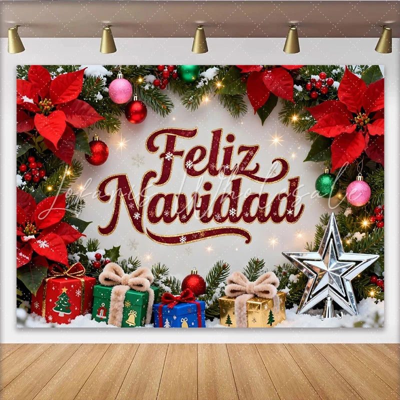 Lofaris Feliz Navidad Christmas Party Backdrop with Poinsettias Pine Branches and Festive Gifts
